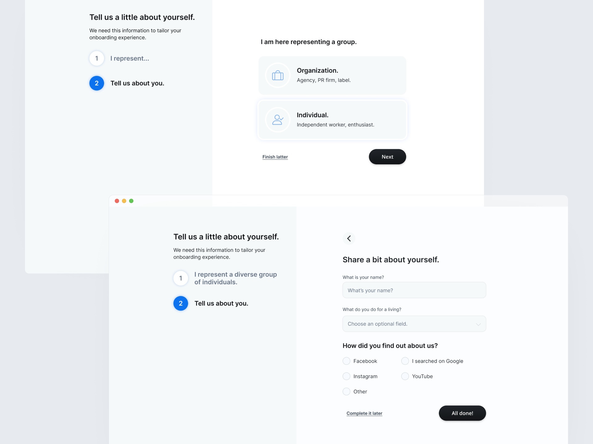 Mockup of the blockchain powered platform: light background, blue actient color and black primary actions.