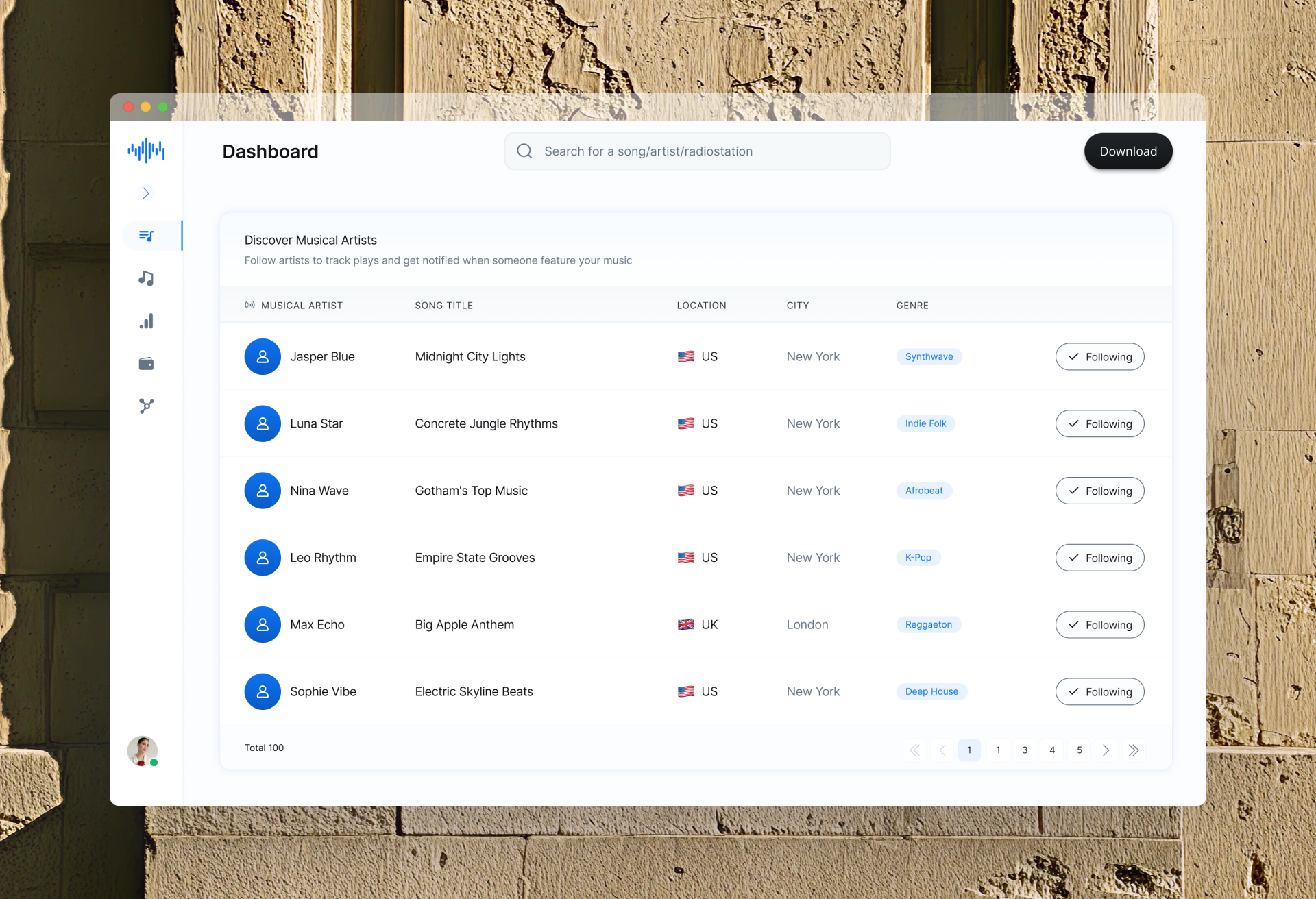 Mockup of the blockchain powered platform: light background, blue actient color and black primary actions.