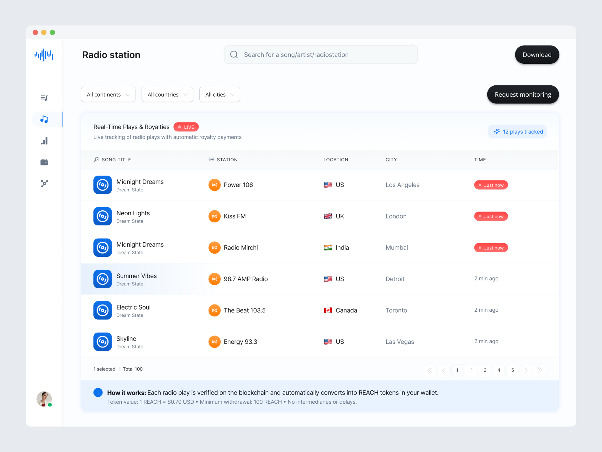 Mockup of the blockchain powered platform: light background, blue actient color and black primary actions.
