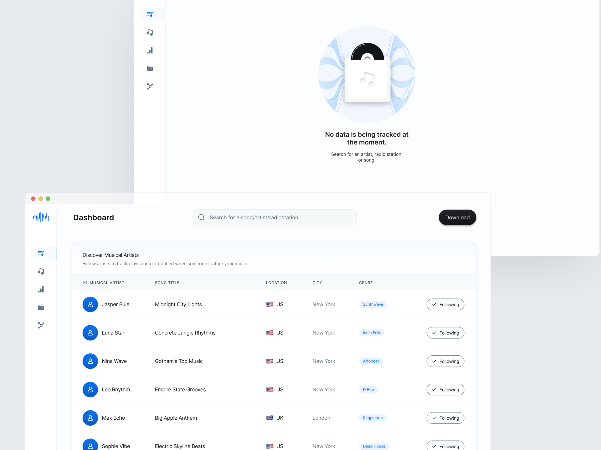 Mockup of the blockchain powered platform: light background, blue actient color and black primary actions.