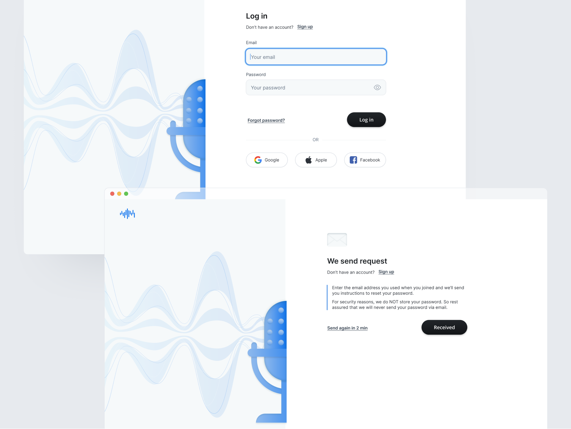 Mockup of the blockchain powered platform: light background, blue actient color and black primary actions.